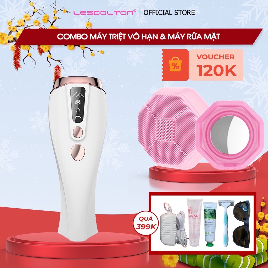 Mô tả Set máy triệt mini đầu triệt lạnh, trị mụn và máy rửa mặt đa chức năng 5in1 đẩy tinh chất, nâng cơ mặt, rửa mặt - 1