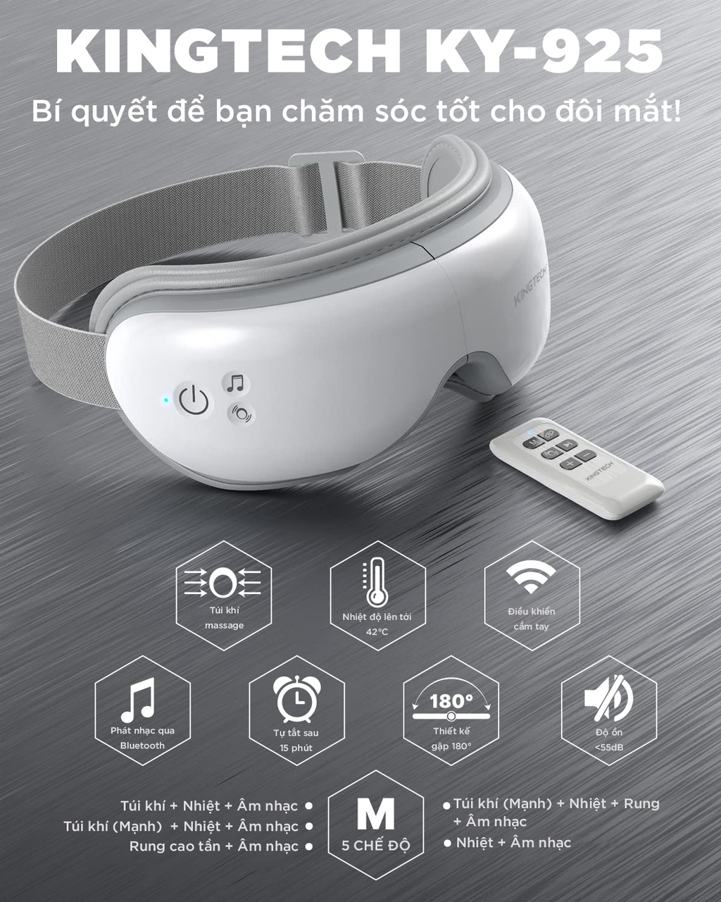Mô tả Máy Massage Mắt Cao Cấp KINGTECH KY-925 Mát xa Túi Khí Kèm Nhiệt, Tích Hợp Bluetooth - Chính Hãng - 2