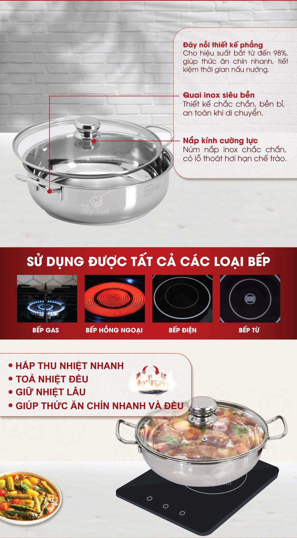 Mô tả Nồi lẩu um xào inox 430 bếp từ 3 đáy Fivestar nắp kính ( 24cm / 26cm / 28cm ) - 2