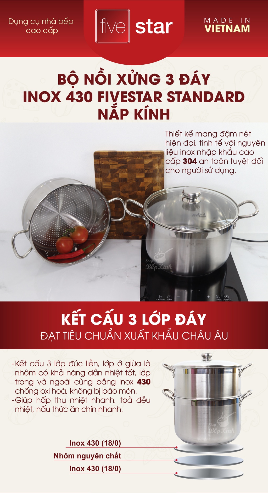 Mô tả Bộ nồi xửng hấp 3 đáy inox 430 cao cấp Fivestar nắp kính size 20cm | 24cm | 26cm | 28cm | 30cm | 32cm , phù hợp mọi bếp - 1