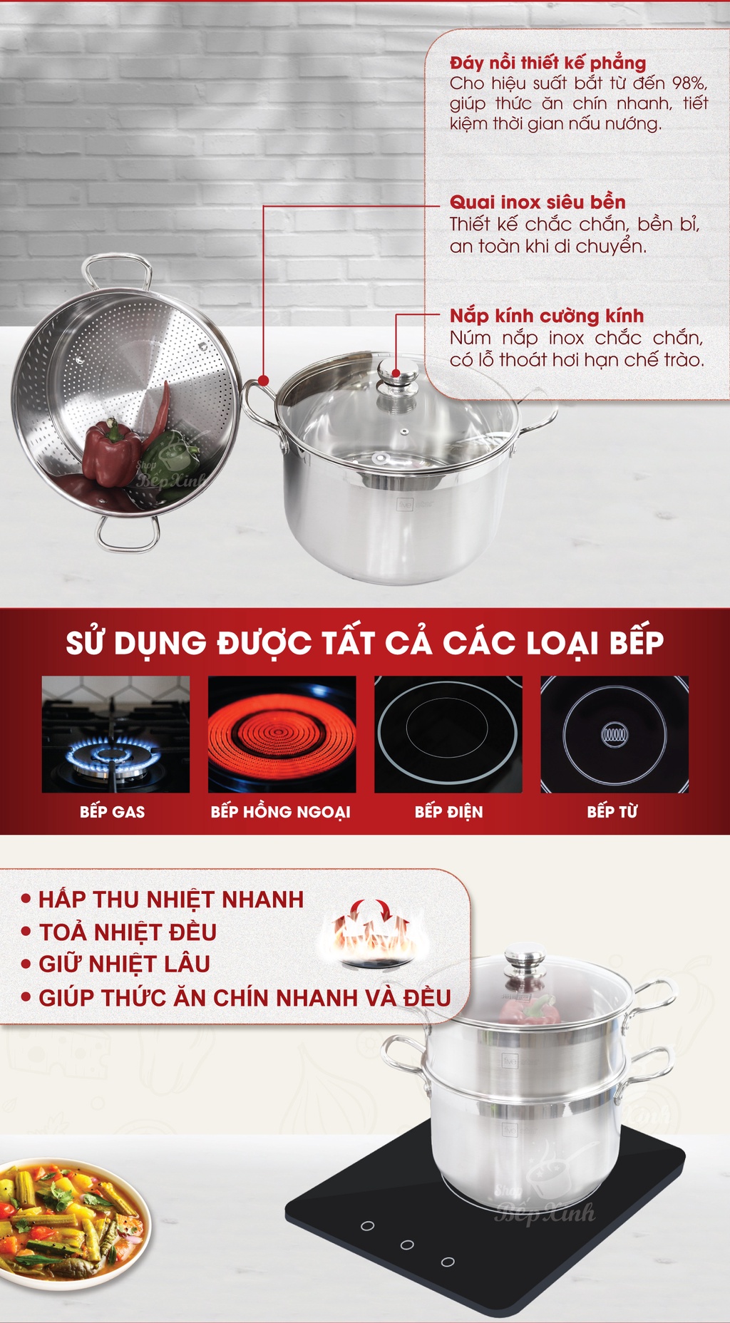 Mô tả Bộ nồi xửng hấp 3 đáy inox 430 cao cấp Fivestar nắp kính size 20cm | 24cm | 26cm | 28cm | 30cm | 32cm , phù hợp mọi bếp - 2