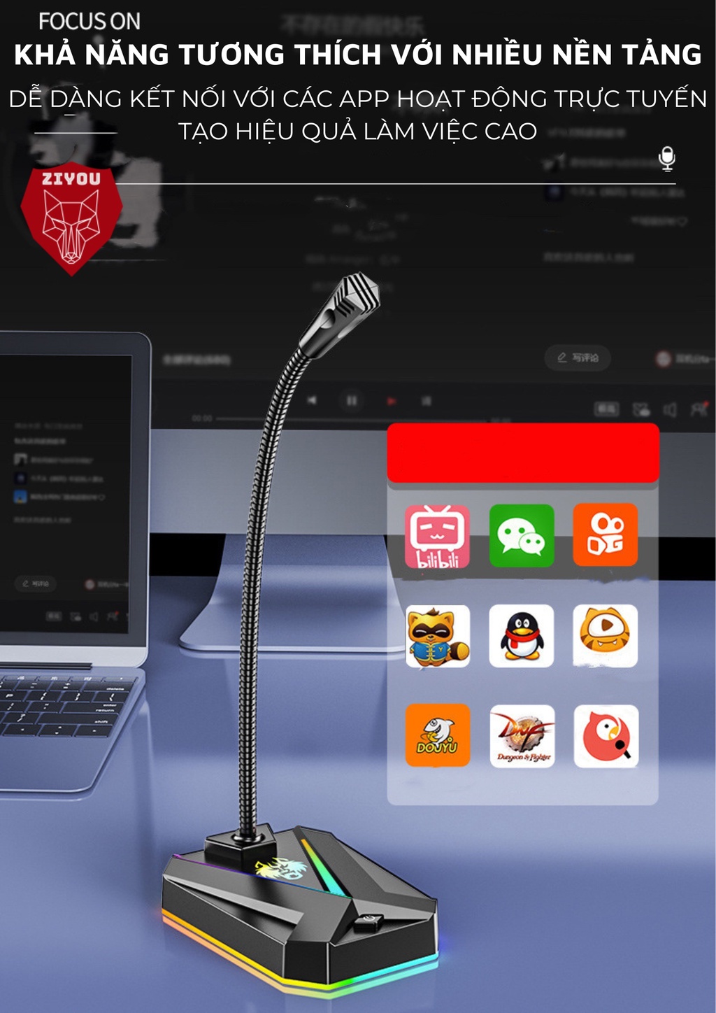 Mô tả Micro Máy Tính, Laptop Ziyou MK10 LED RGB Thu Âm Chống Nhiễu Kết Nối Jack USB Hoặc 3.5mm Dùng Live Stream, Học Online - 7