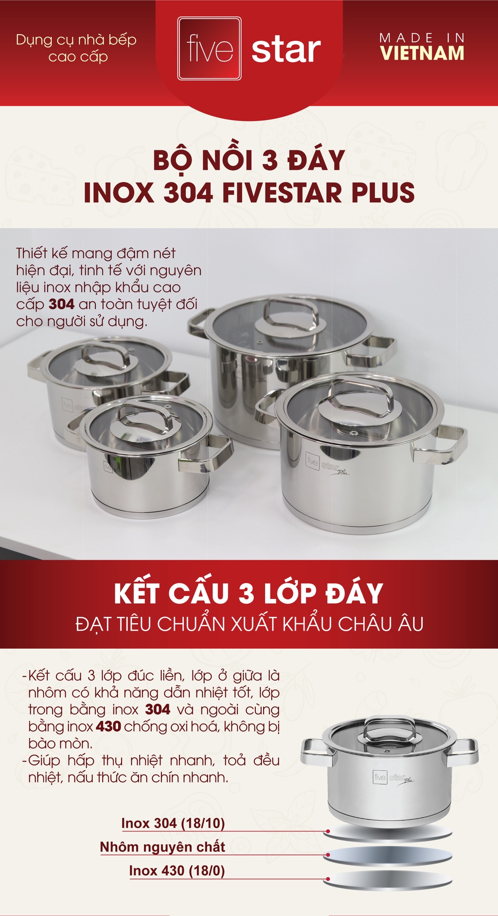 Mô tả Nồi thân cao 3 đáy inox 304 Fivestar Plus quai vuông nắp kính ( 16cm / 18cm / 20cm / 24cm )- tặng 1 vá canh - 1