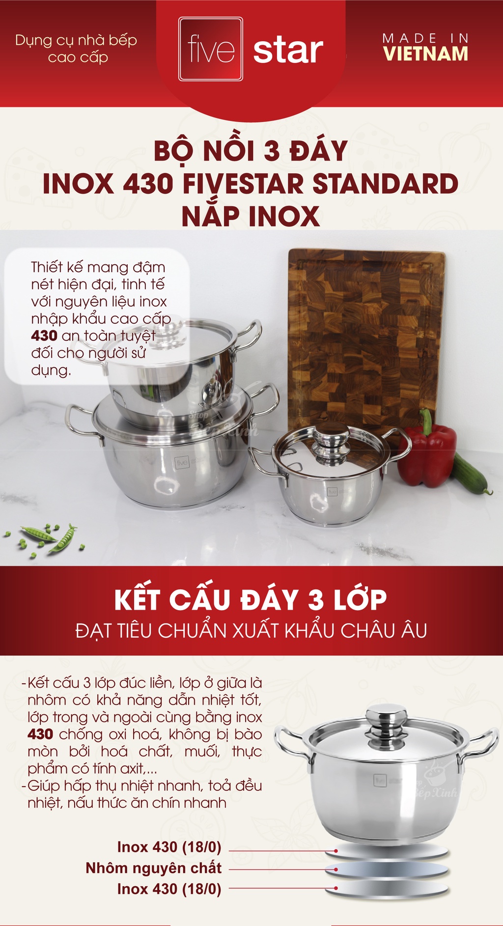 Mô tả Bộ nồi 3 đáy inox 430 Thân Cool Fivestar Standard nắp inox FS-B3010 (Kích thước 16cm - 20cm - 24cm), tặng 1 vá canh - 1