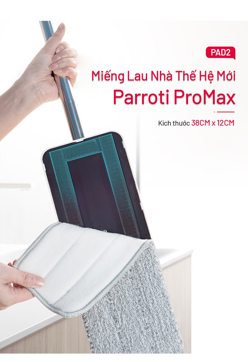 Mô tả Miếng lau nhà 38x12cm, dùng cho bộ lau nhà size lớn Parroti Pro Max PX01 - 1