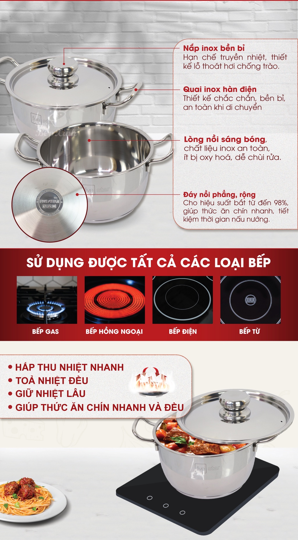 Mô tả Bộ nồi 3 đáy inox 430 Thân Cool Fivestar Standard nắp inox FS-B3010 (Kích thước 16cm - 20cm - 24cm), tặng 1 vá canh - 2