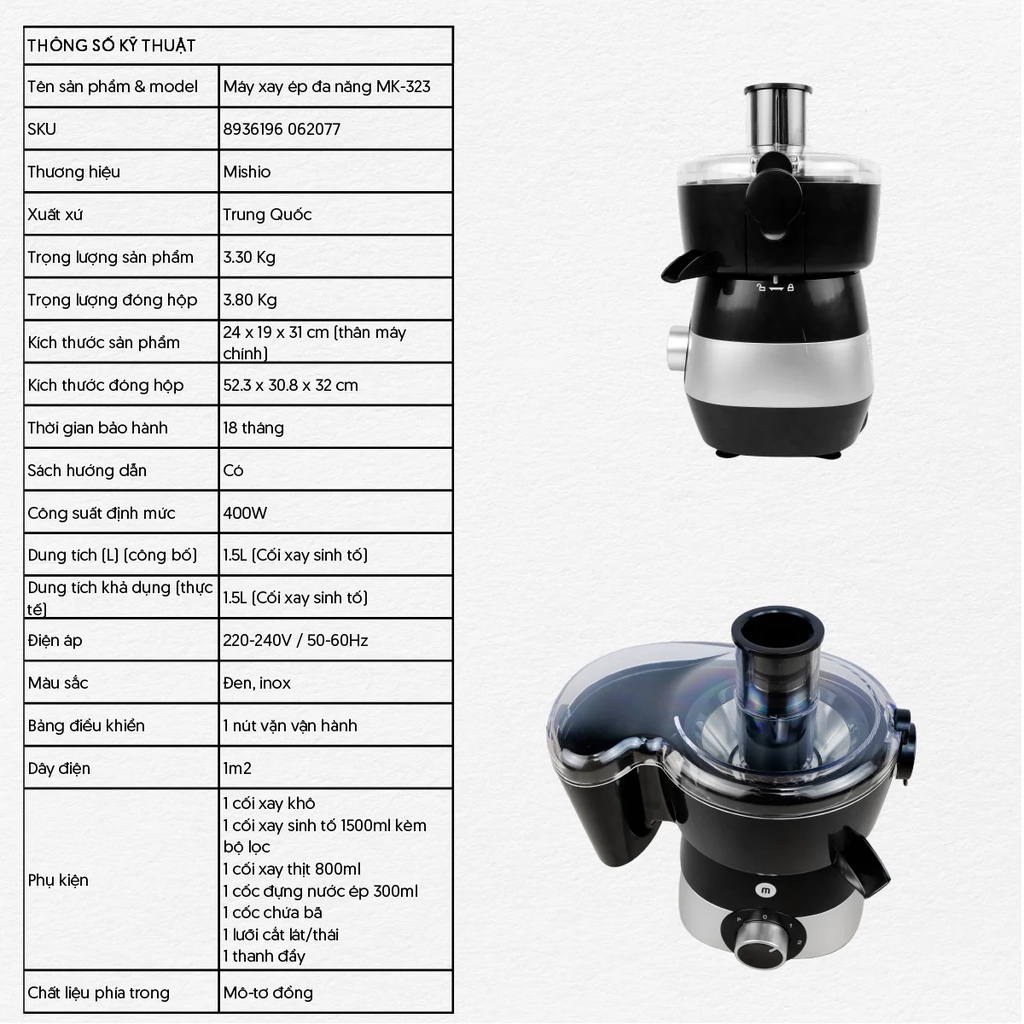 Máy Ép Chậm Xay Đa Năng 7 Trong 1 Mishio MK323 - 400W
