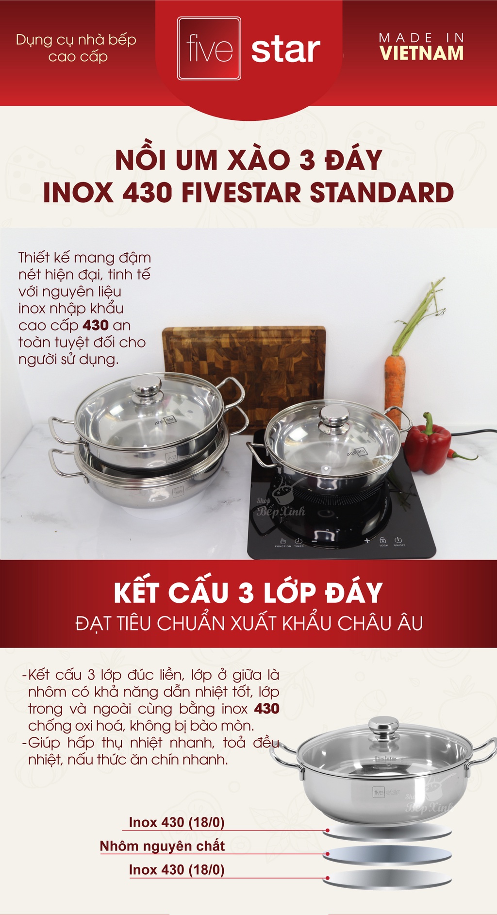 Mô tả Nồi lẩu um xào inox 430 bếp từ 3 đáy Fivestar nắp kính ( 24cm / 26cm / 28cm ) - 1