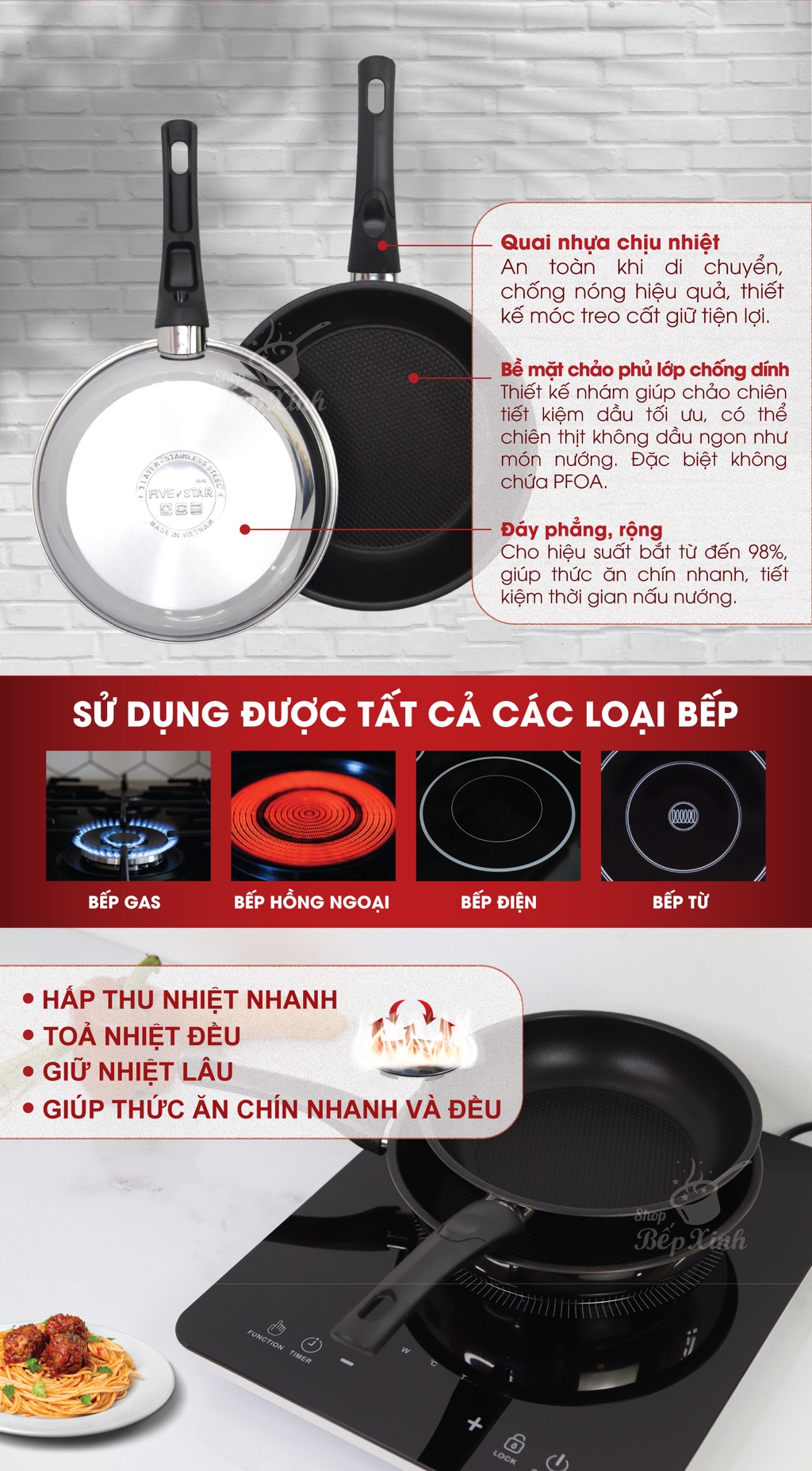 Mô tả Chảo chống dính 3 đáy inox 430 Fivestar Standard -dùng được bếp từ- bh 5 năm(16cm/20cm/22cm/24cm/26cm/28cm/30cm/32cm) - 2