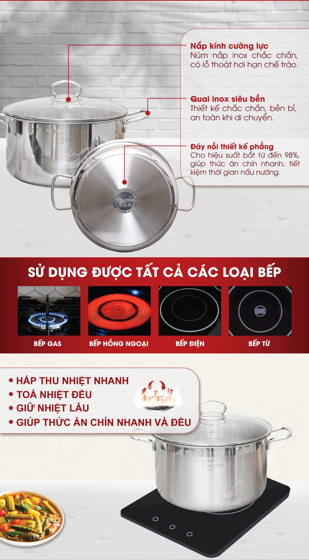 Mô tả Nồi inox 430 cao cấp Fivestar 3 đáy  sandwich ( 18cm/ 24cm / 26cm / 28cm ) , dùng được mọi bếp - 2