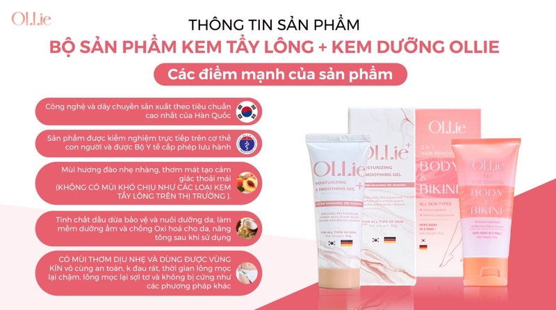 Mô tả Combo 2 kem tẩy lông Ollie + 1 kem dưỡng da làm chậm quá trình mọc lông Ollie - 1