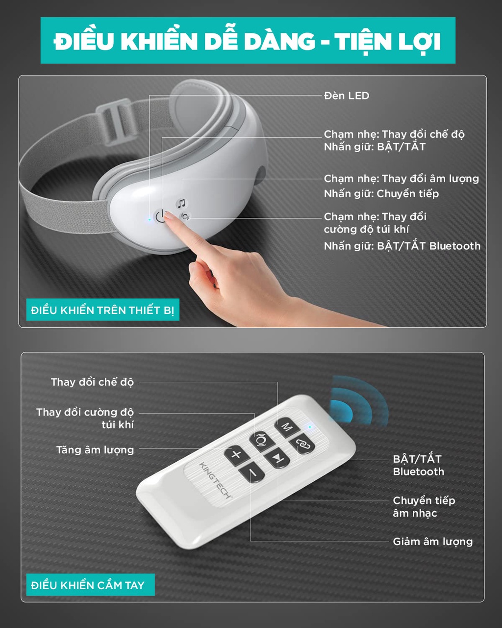 Mô tả Máy Massage Mắt Cao Cấp KINGTECH KY-925 Mát xa Túi Khí Kèm Nhiệt, Tích Hợp Bluetooth - Chính Hãng - 4