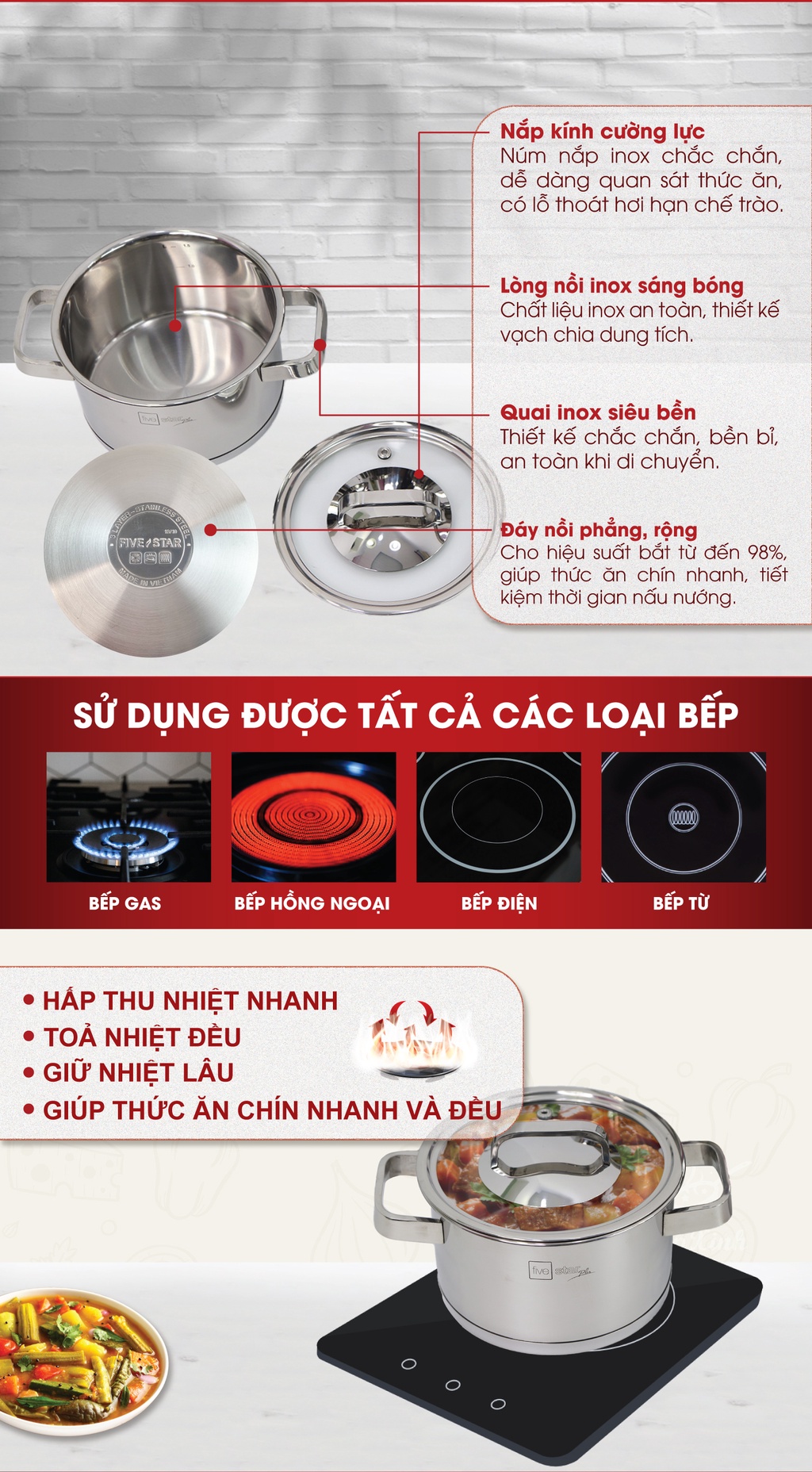 Mô tả Nồi thân cao 3 đáy inox 304 Fivestar Plus quai vuông nắp kính ( 16cm / 18cm / 20cm / 24cm )- tặng 1 vá canh - 4