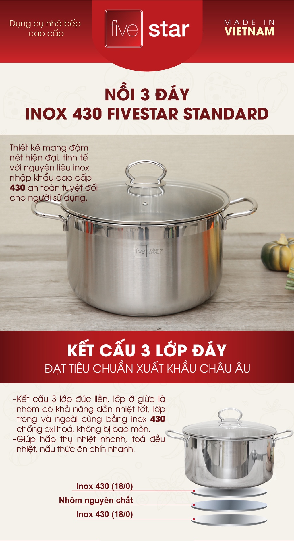 Mô tả Nồi inox 430 cao cấp Fivestar 3 đáy  sandwich ( 18cm/ 24cm / 26cm / 28cm ) , dùng được mọi bếp - 1