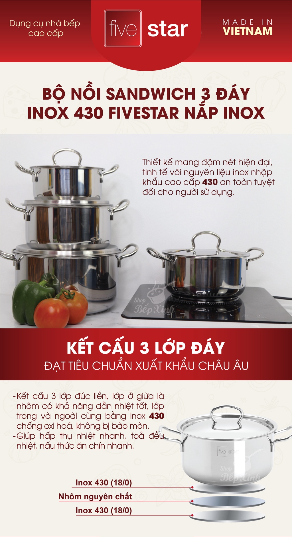 Mô tả Nồi inox 3 đáy sandwich inox 430 FiveStar Standard bếp từ nắp inox ( 16cm / 18cm / 20cm / 24cm ) , dùng được mọi bếp - 1