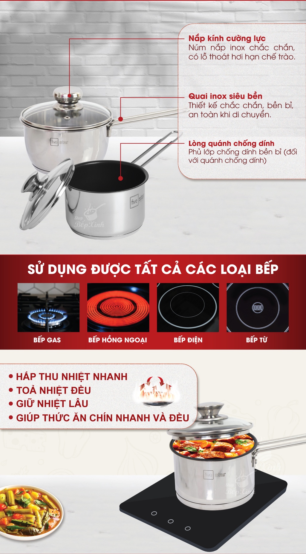 Mô tả Quánh 3 đáy inox 430 Fivestar Standard nắp kính bếp từ ( 12cm/14cm/16cm ) - 7