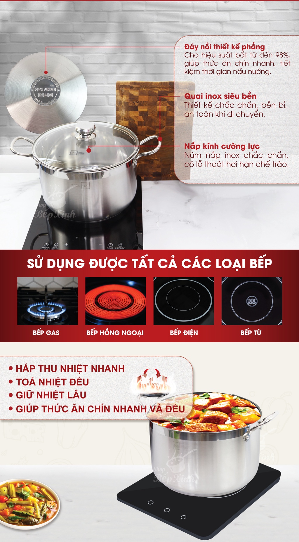 Mô tả Nồi luộc gà FiveStar inox 430 nắp kính (26cm / 28cm / 30cm / 32cm), 3 đáy dùng bếp từ, hồ - 4