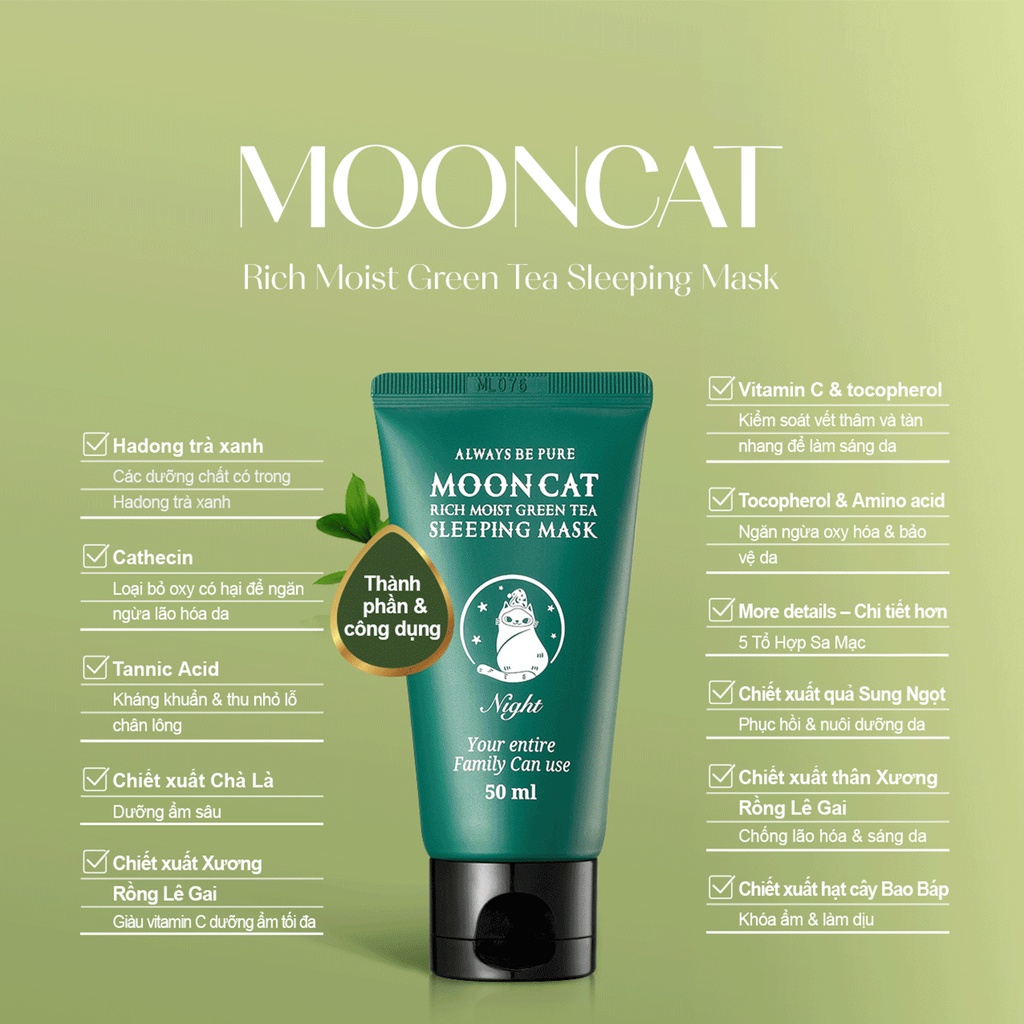 Mô tả Mask ngủ dưỡng ẩm làm sáng trà xanh MoonCat [AlwaysbePure] 75ml - 2