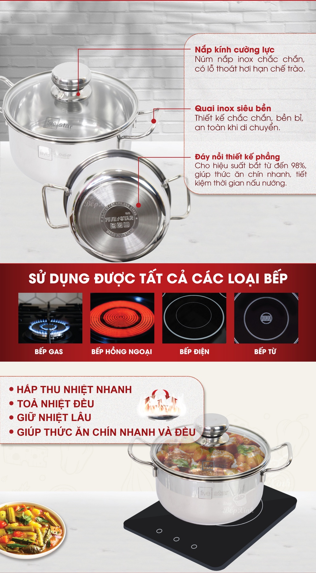 Mô tả Nồi inox 3 đáy sandwich inox 430 cao cấp Fivestar Standard bếp từ nắp kính (16cm -24cm) - 2