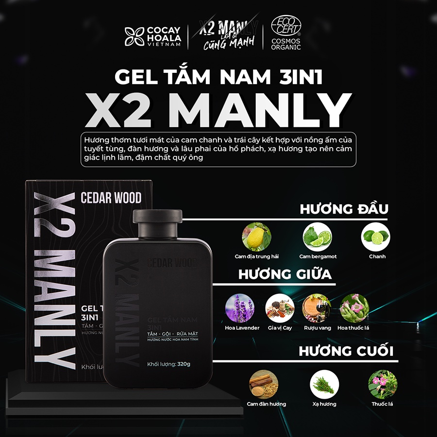 Mô tả Gel Tắm Nam Cỏ Cây Hoa Lá X2 Manly 3in1 320g - Hương Nước Hoa Nam Tính - 3