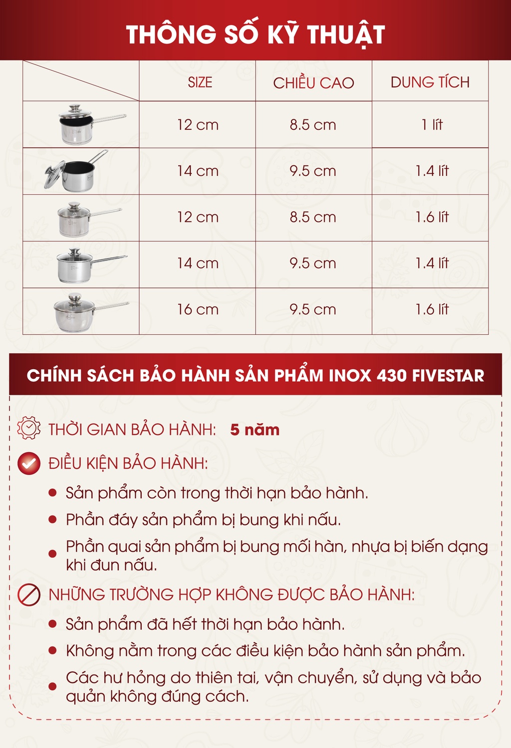 Mô tả Quánh 3 đáy inox 430 Fivestar Standard nắp kính bếp từ ( 12cm/14cm/16cm ) - 8