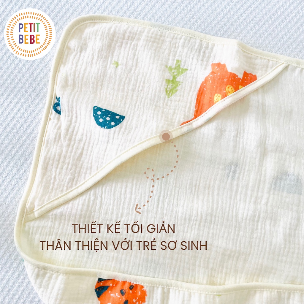 Mô tả Khăn choàng ủ sơ sinh có mũ PETIT BEBE muslin 4 lớp thoáng khí mềm mại nhiều họa tiết dễ thương - 3