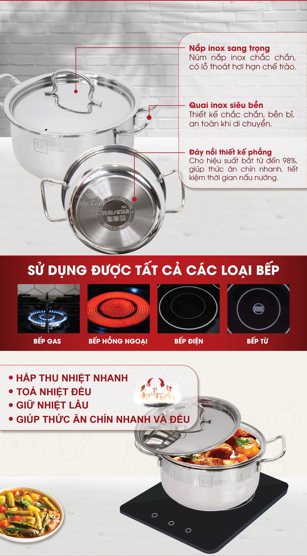 Mô tả Nồi inox 3 đáy sandwich inox 430 FiveStar Standard bếp từ nắp inox ( 16cm / 18cm / 20cm / 24cm ) , dùng được mọi bếp - 2