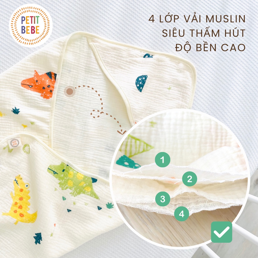 Mô tả Khăn choàng ủ sơ sinh có mũ PETIT BEBE muslin 4 lớp thoáng khí mềm mại nhiều họa tiết dễ thương - 2