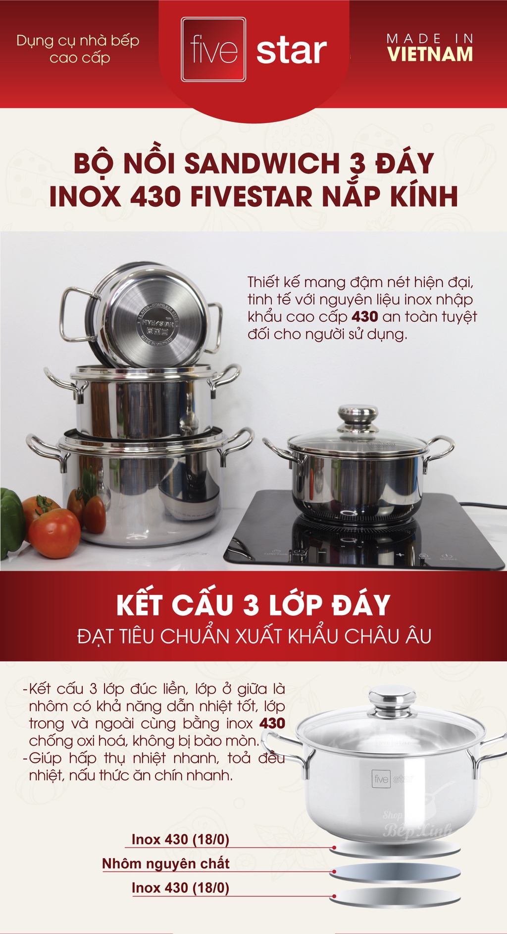 Mô tả Nồi inox 3 đáy sandwich inox 430 cao cấp Fivestar Standard bếp từ nắp kính (16cm -24cm) - 1