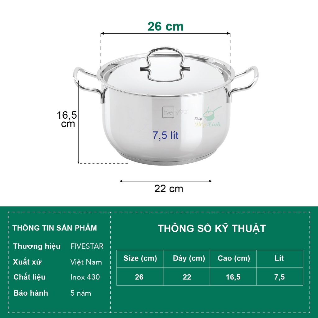 Mô tả Nồi luộc gà FiveStar inox 430 nắp kính (26cm / 28cm / 30cm / 32cm), 3 đáy dùng bếp từ, hồ - 2