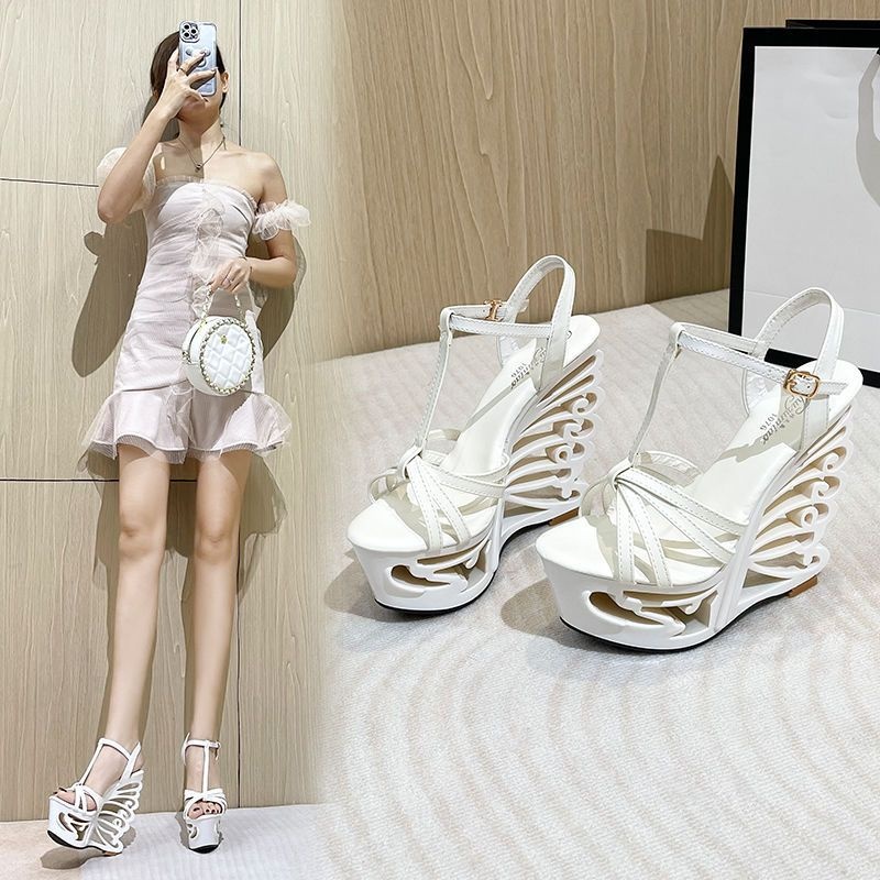34-41 Size Đế Dày Đế Nêm Giày Sandal Nữ Mùa Hè 2023 Phong Cách Mới 15cm Dây Đeo Khóa Phẳng Giày Nữ Nền Tảng Chống Thấm Nước Gót Chân Hình Đặc Biệt Siêu Cao Gót