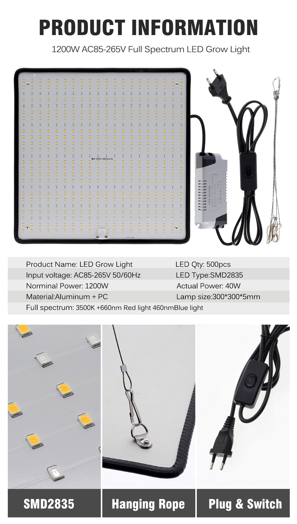 Led plant grow light full spectrum ac85 ~ 265v 1200w 40w bảng điều ...