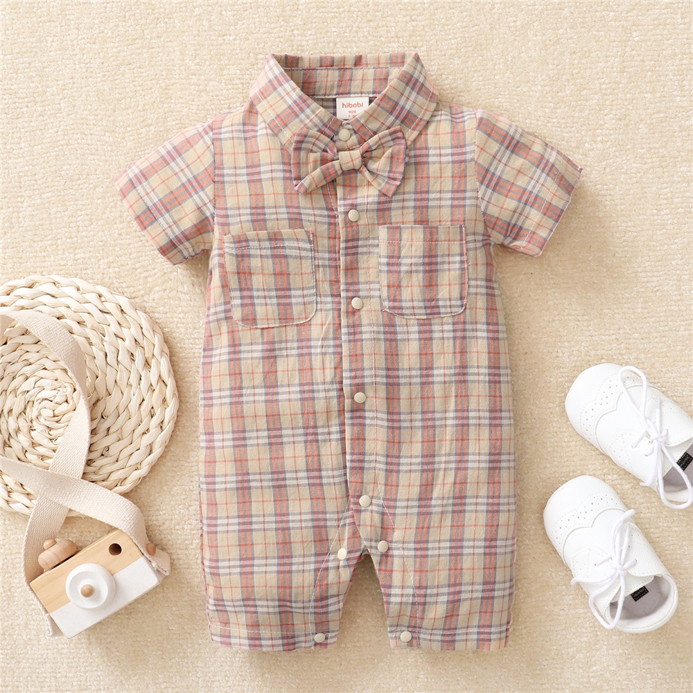 Mô tả Sơ sinh baby boy gentlemen's bodysuit turn-down tay ngắn kẻ sọc romper Áo liền quần quần áo dự tiệc hàng ngày - 2