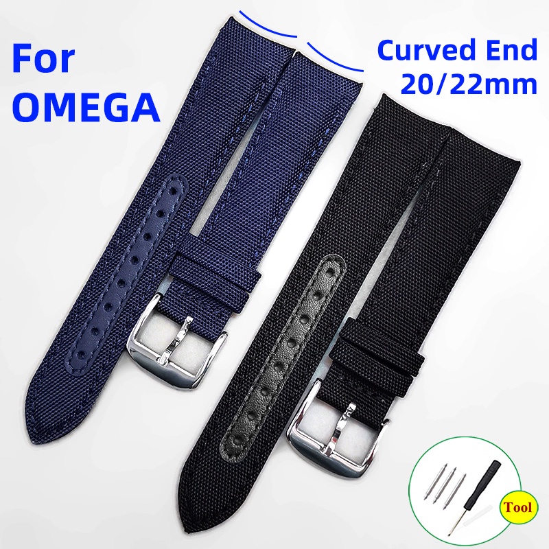 Dây Đồng Hồ Đeo Tay Thời Trang Bằng Da Bò + Vải Bạt Nilon Đầu Cong 20mm 22mm Dành Cho OMEGA Seamaster 300