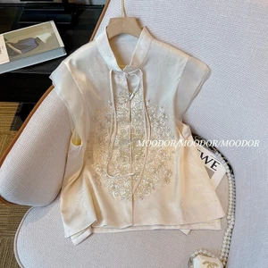 Áo không tay nữ Cổ Đứng Thêu Axit Jacquard Axit Axetic Phong Cách Trung Hoa Mới Mùa Hè