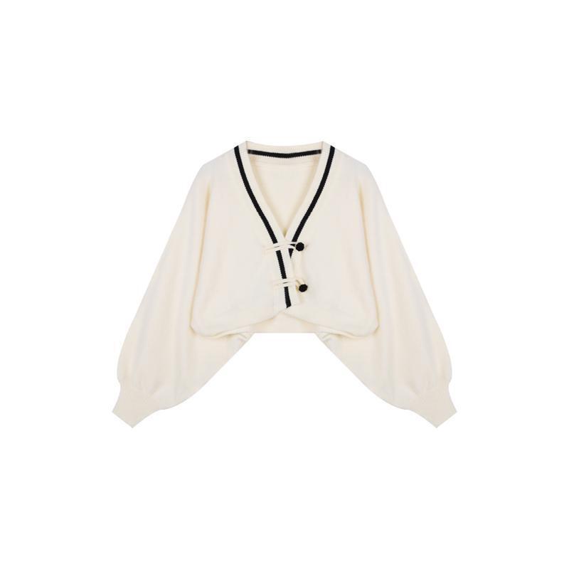 [YU]Ysyours Ngắn Sang Trọng Mới Trung Quốc Snap V-neck Áo Len Nữ Mùa Xuân Nhỏ Lỏng Lẻo Áo Len