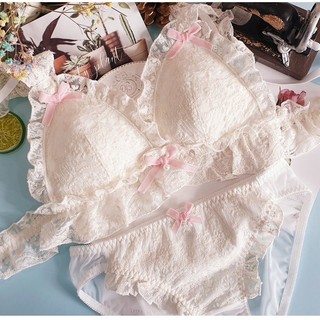 Bộ áo ngực phong cách nhật bản áo ngực ren cô gái trẻ đáng yêu + quần lót nơ sexy phụ nữ đồ lót thoải mái không dây đẩy lên đồ lót nữ bralette