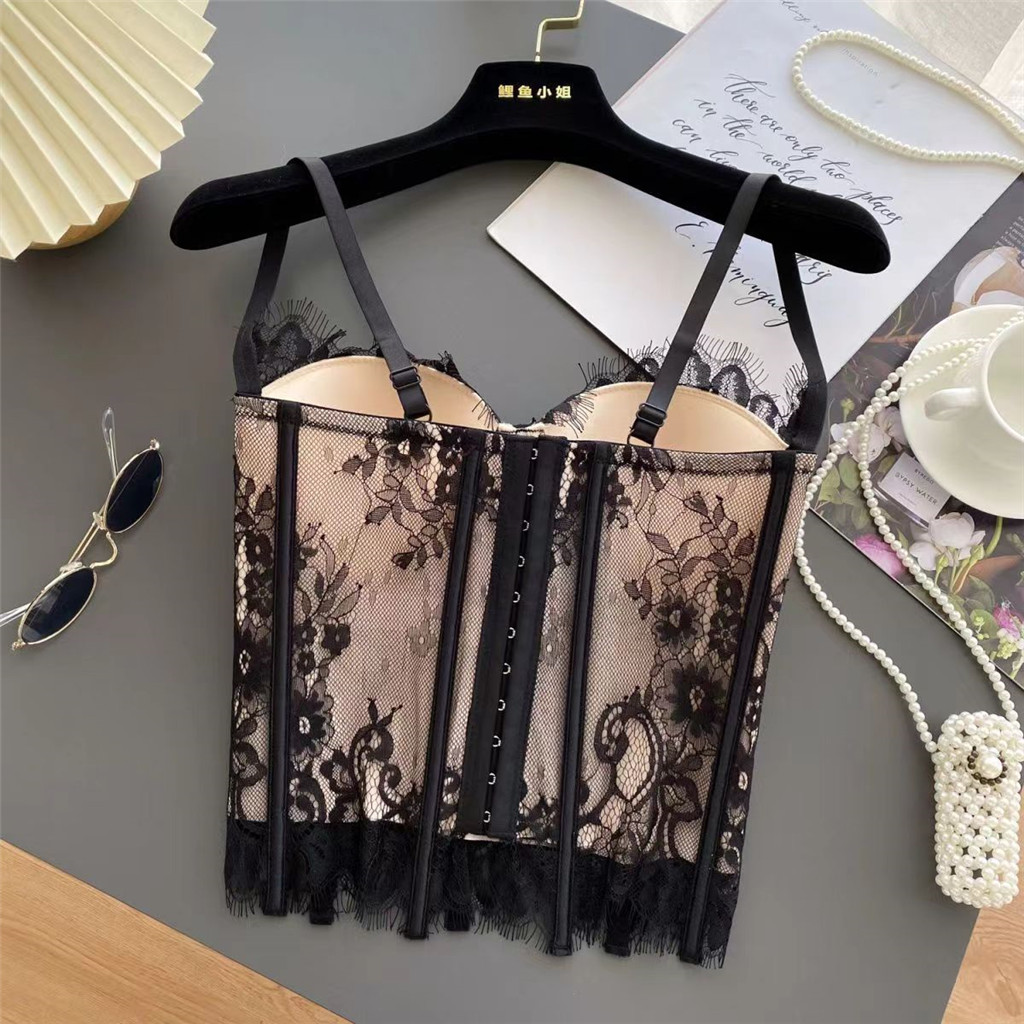 Pháp Ren Xương Cá Camisole Nữ Bên Trong Lớn Ngực Slinky Gợi Cảm Corset Đen Ống Top Top