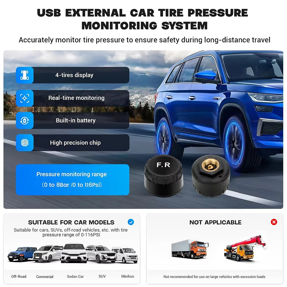 Android TPMS Lốp dự phòng Cảm biến bên ngoài Hệ thống giám sát áp suất lốp USB TPMS cho điều hướng ô tô Đài phát thanh DVD Phát hiện máy nghe nhạc