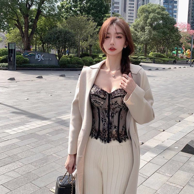 Pháp Ren Xương Cá Camisole Nữ Bên Trong Lớn Ngực Slinky Gợi Cảm Corset Đen Ống Top Top