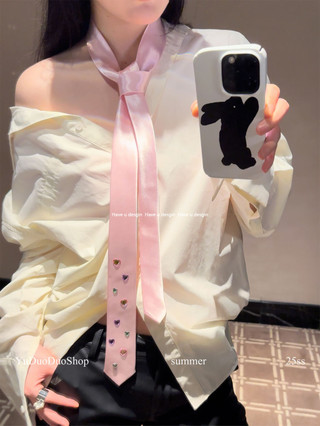 Cà vạt nữ y2k màu hồng độc đáo, kim cương giả sáng bóng, thời trang hot girl