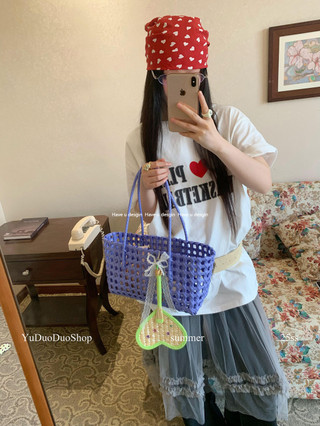 Have u desgin ins Túi Dệt Dung Tích Lớn Giỏ Rau Di Động Đi Biển Kỳ Nghỉ Handmade Quạt Mặt Dây Chuyền Túi Đi Biển