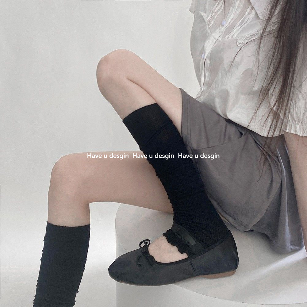 Have u desgin Xuân Hè Trắng Mỏng Hơn Nhìn Ba Lê Phong Cách Cotton Mỏng Dọc Sọc Nấm Bên Chân Bao Tất Ren Tất Xám Đen Bê Tất
