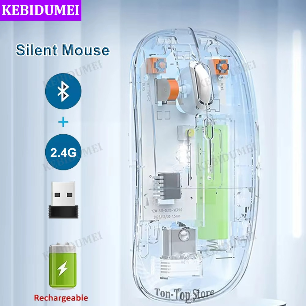Chuột Bluetooth 2.4G Chuột Không Dây Chế Độ Kép Chuột Trong Suốt 1600 DPI Chuột Im Lặng Sạc Chuột Cho PC Laptop Macbook