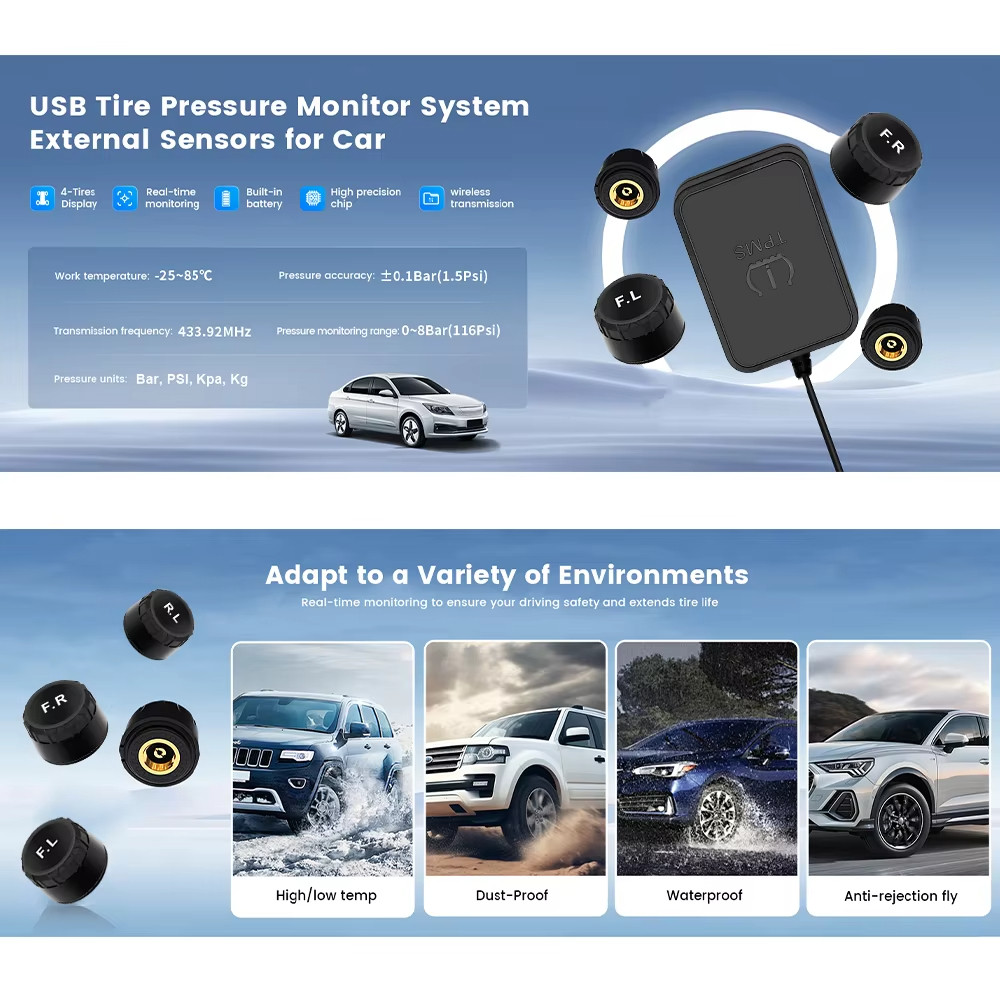 Android TPMS Lốp dự phòng Cảm biến bên ngoài Hệ thống giám sát áp suất lốp USB TPMS cho điều hướng ô tô Đài phát thanh DVD Phát hiện máy nghe nhạc