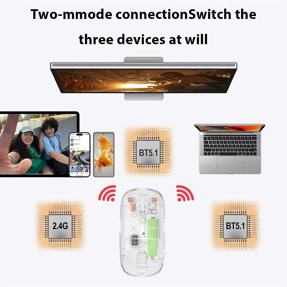 Chuột Bluetooth 2.4G Chuột Không Dây Chế Độ Kép Chuột Trong Suốt 1600 DPI Chuột Im Lặng Sạc Chuột Cho PC Laptop Macbook