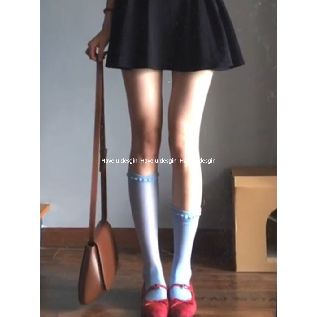 Có bạn desgin
 Tất bắp chân ba chiều màu xanh da trời Lưới mỏng thoáng khí ren ngọt ngào dài đến đầu gối Tất cọc ống dài