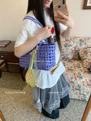 Have u desgin ins Túi Dệt Dung Tích Lớn Giỏ Rau Di Động Đi Biển Kỳ Nghỉ Handmade Quạt Mặt Dây Chuyền Túi Đi Biển
