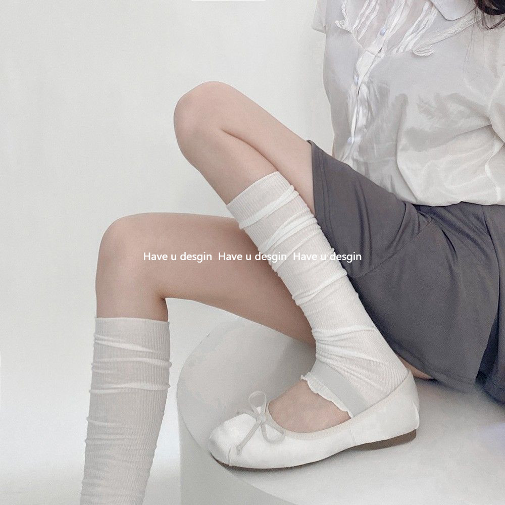 Have u desgin Xuân Hè Trắng Mỏng Hơn Nhìn Ba Lê Phong Cách Cotton Mỏng Dọc Sọc Nấm Bên Chân Bao Tất Ren Tất Xám Đen Bê Tất