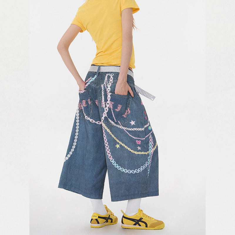 Lan ~ 3D Dây Xích In Màu Quần Jean Crop Nữ Phong Cách Mỹ Đường Phố Rời Độc Đáo Siêu Mỏng Hơn Nhìn Rộng Quần Hợp Thời Trang